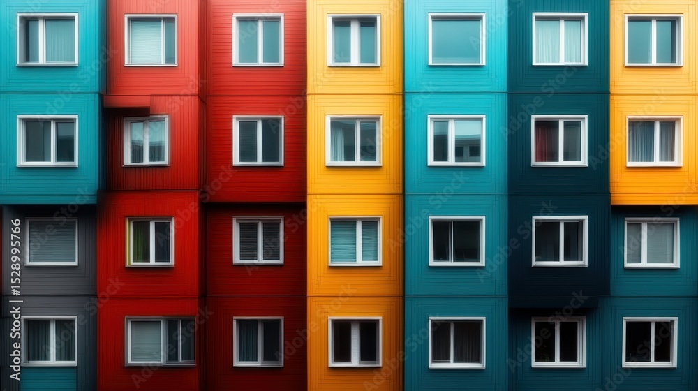Obraz premium This vibrant image portrays a close-up of a colorful apartment building facade, highlighting urban design and aesthetic appeal in contemporary city living for its charm.