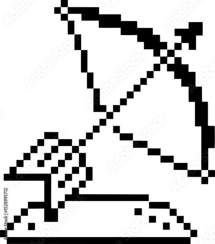 Pixelated icon of umbrella on sandy beach retro gaming style, minimalist black and white design