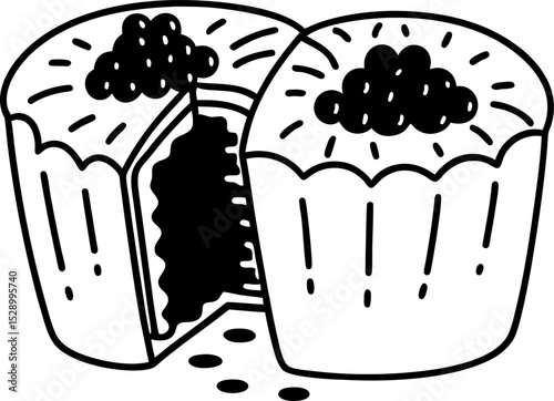 illustration of two cupcakes with sprinkled topping, one cut open revealing filling simple black and white dessert sketch