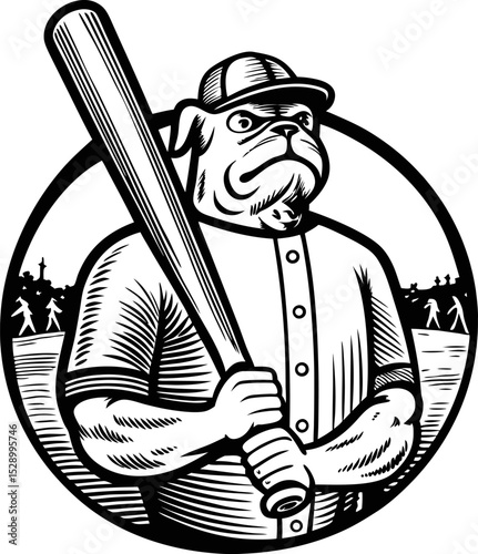 Anthropomorphic bulldog baseball player mascot, monochrome illustration