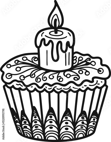 Cupcake with lit candle for celebration black and white outline illustration