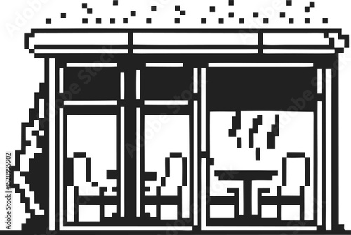 pixel art cafe exterior with chairs and tables monochrome minimalist design, retro video game