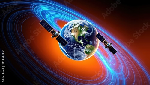 artwork depicting a fleet of four advanced satellites orbiting Earth