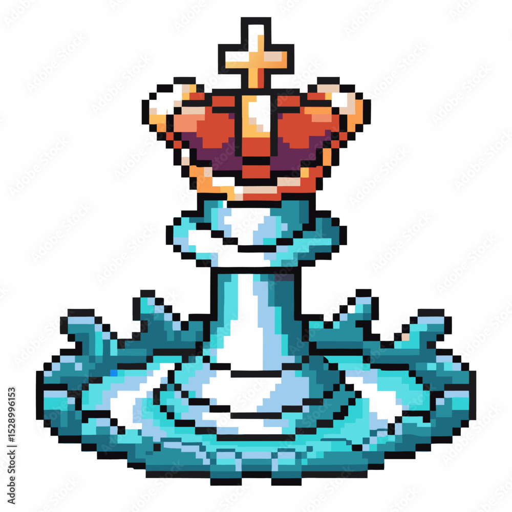 Fototapeta premium Pixel art chess pawn with crown in water ripple creative retro gaming concept, strategy and power