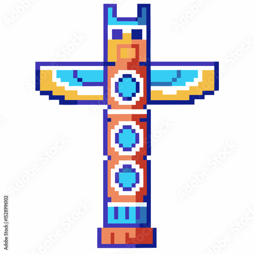 Colorful pixel art totem pole with symmetrical tribal design and bold geometric patterns