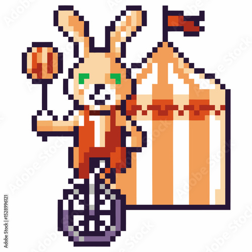 pixelated bunny juggler on unicycle, circus tent retro 8 bit carnival animal, whimsical fun, nostalgic gaming art