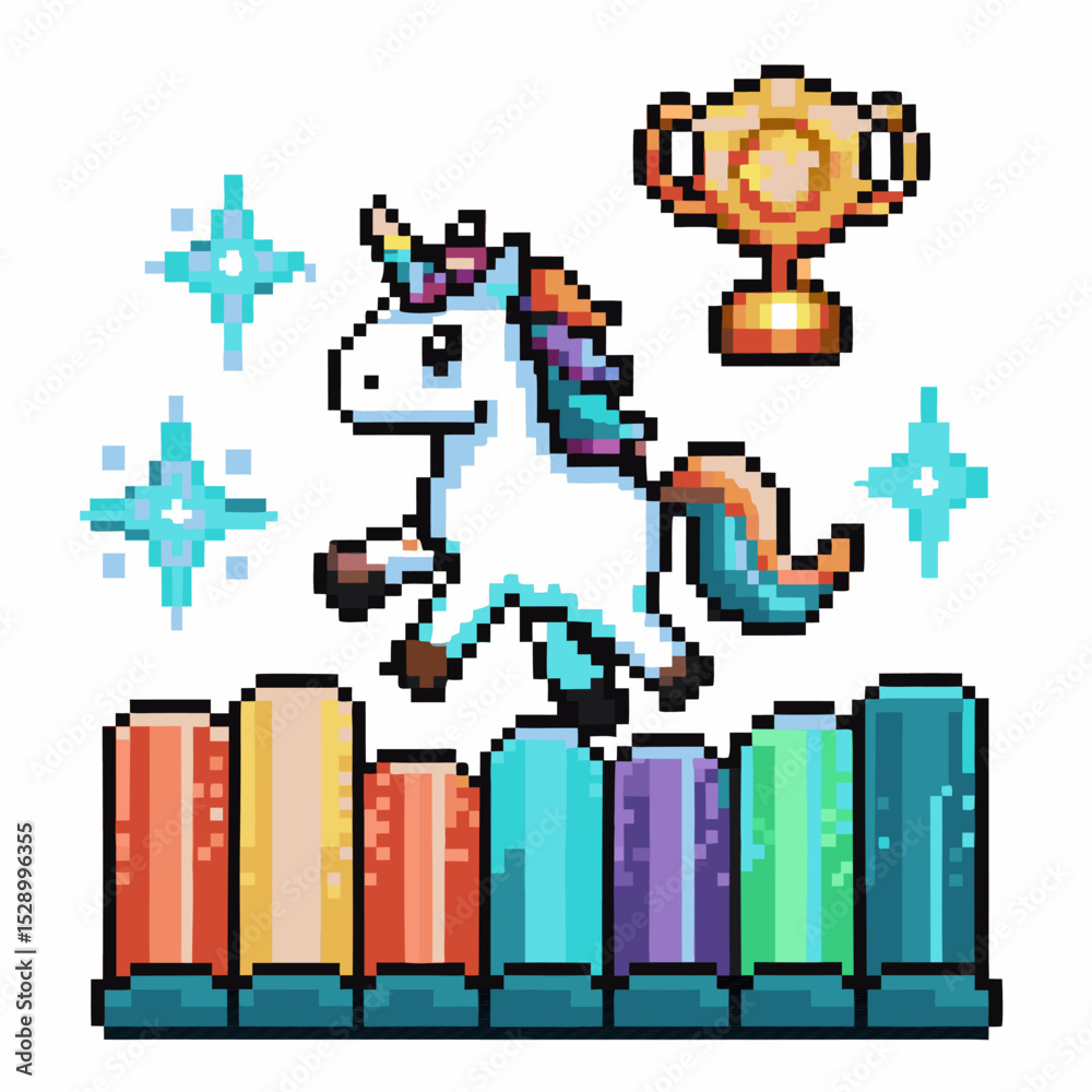 Obraz premium pixel art unicorn jumping over colorful bars with trophy and stars in fantasy game scene