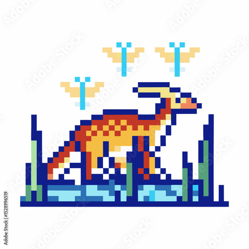 pixel art dinosaur in marshland with flying insects retro 8 bit style, prehistoric scene with vibrant colors