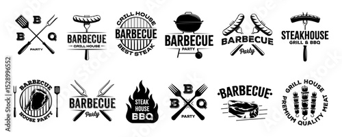 Barbecue and grill logos with meat, sausages, grill tools, and text elements. Black vintage emblems for steakhouse and BBQ party design. Vector set isolated on white background