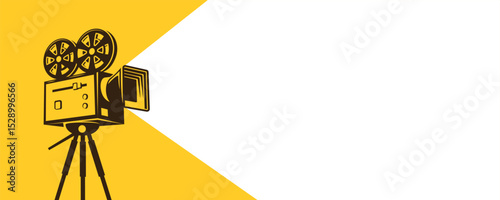 Retro film projector on tripod with light beam. Yellow and white background with copy space. Vintage cinema equipment illustration for banner, poster, header and card design