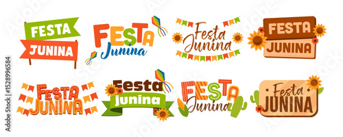 Festa Junina colorful text logos with sunflowers, flags, kites, cactus and corn. Traditional Brazilian festival vector set for holiday banner, greeting, postcard and invitation design