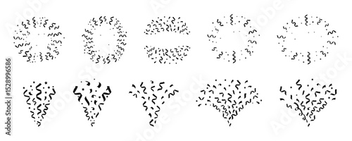 Confetti burst and circle frames with streamers and stars. Black silhouette elements for celebration and party design. Vector icons isolated on white background