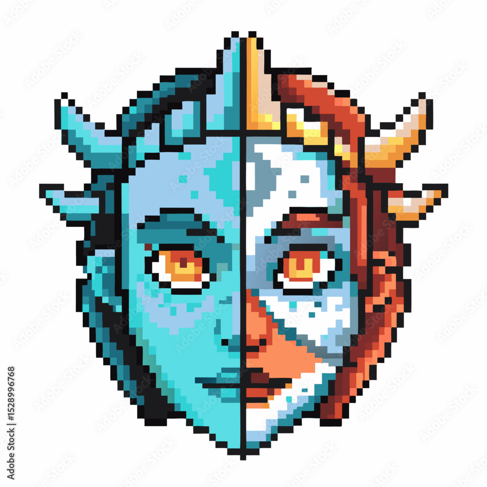 Fototapeta premium pixel art, dual faced character with blue and orange sides, horns, and vibrant features