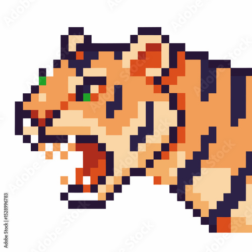 Pixel art tiger head roaring retro 8 bit style, geometric orange and black stripes