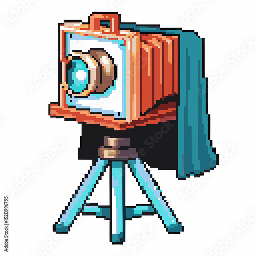 vintage camera illustration in pixel art old fashioned equipment on tripod with blue curtain