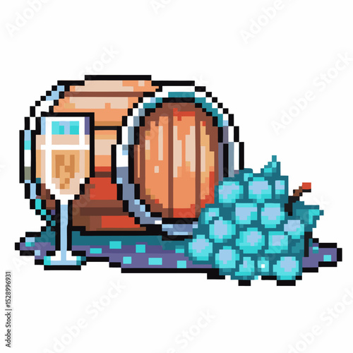 pixel art wine scene barrel, grapes, champagne glass retro beverage and vineyard illustration