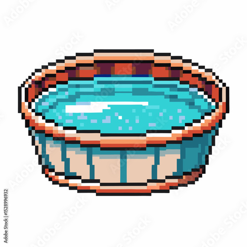 pixel art round pool with turquoise water retro 8 bit style, gaming design with a striped border