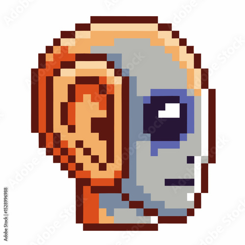 Pixel art robot head with orange and gray details retro digital design showing futuristic technology