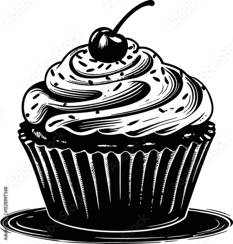 Vintage black and white cupcake illustration with cherry on top, classic dessert art