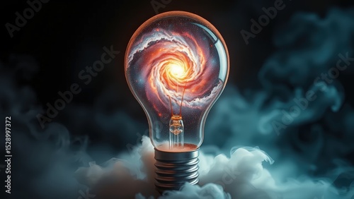 a shining light bulb that envelops the rotating cosmic galaxy
