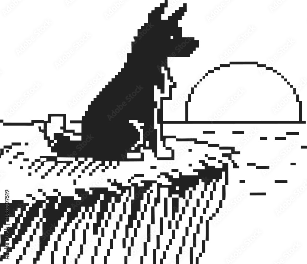 Fototapeta premium pixelated dog at sunset by the sea retro digital art with ocean horizon, silhouette design