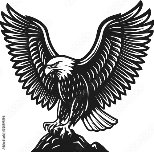 majestic eagle with outstretched wings perched on a rocky peak, black and white illustration of a powerful bird of prey immersed in nature