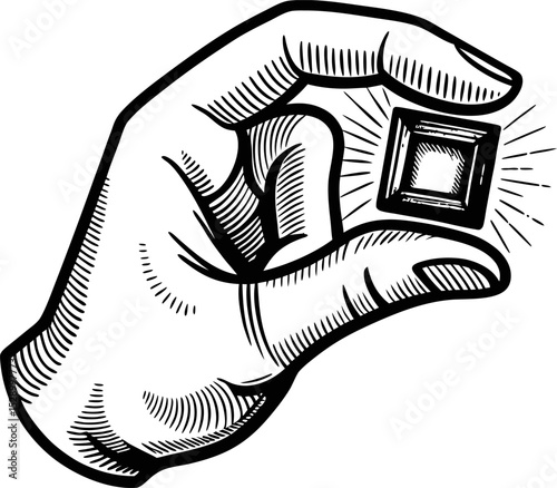 Hand holding a microchip vintage illustration of technology and innovation concept
