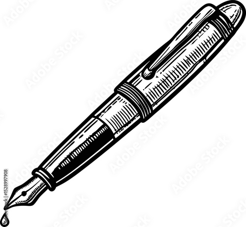 Vintage fountain pen drawing classic ink pen illustration, black and white art, drop detail
