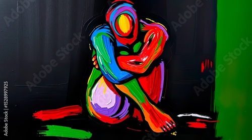 Abstract painting of a seated human silhouette, arms wrapped tightly around knees, no facial features, figure composed of bold swirling brushstrokes in vivid colors .