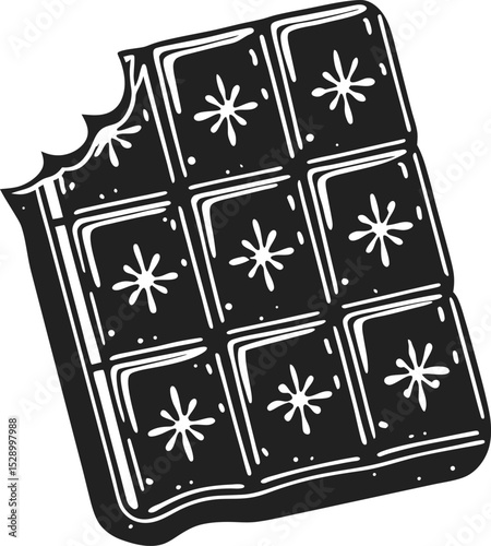 vintage bitten chocolate bar illustration with snowflake patterns in black and white, sweet dessert concept