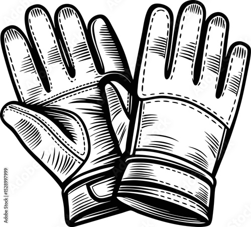 Black and white illustration of protective work gloves, detailed sketch in vintage