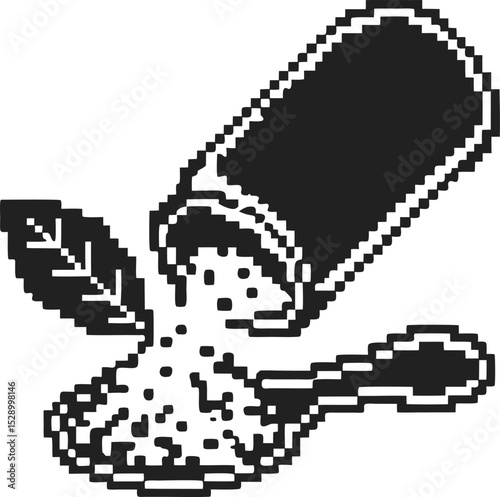 Pixel art pepper shaker pouring with leaf and spoon, classic retro black and white