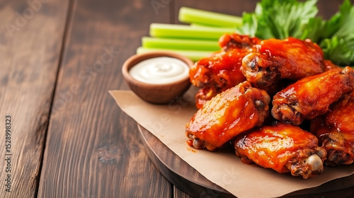 Hot and crispy chicken wings coated in spicy sauce, served with celery sticks and creamy ranch dressing on a rustic wooden table.