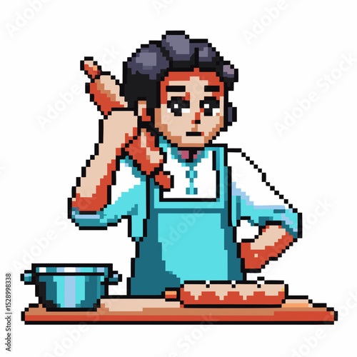 pixel art baker with rolling pin retro chef preparing dough in kitchen scene 8 bit cooking concept