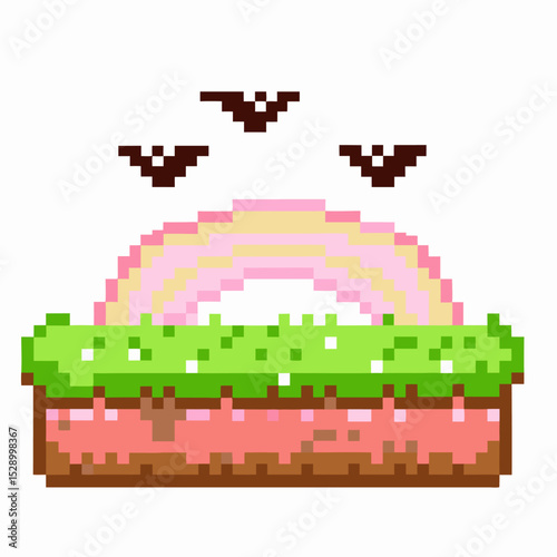 Pixelated grass and rainbow with flying bats in retro video game landscape
