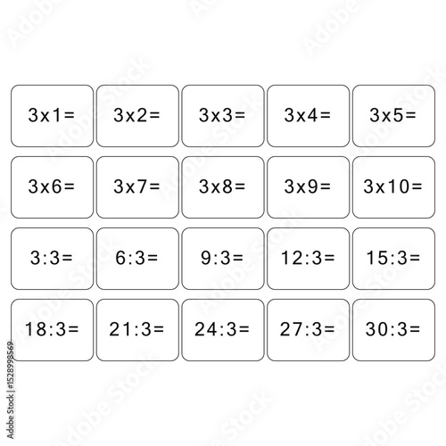 Multiplication and division table of 3. Maths card with an example, drawing. Multiplication Square, vector illustration. Banner, table for children, schoolchildren. School education, logical task