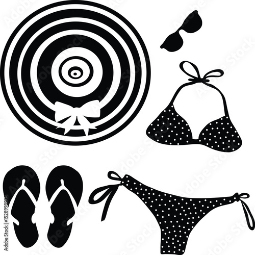 Summer beach vacation outfit, bikini swimsuit, floppy straw hat, flip-flops and sunglasses, flat vector illustration isolated on transparent background. Black and white summer holiday illustration.