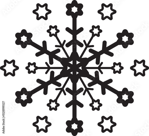 Whimsical black snowflake with star-shaped tips and accents. Perfect for festive, playful, or holiday-themed graphic design.