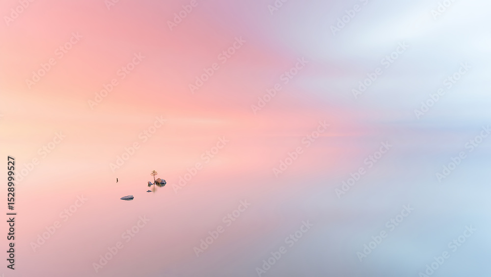 Fototapeta premium Serene island oasis tranquility reflecting in calm waters under a soft pastel sky