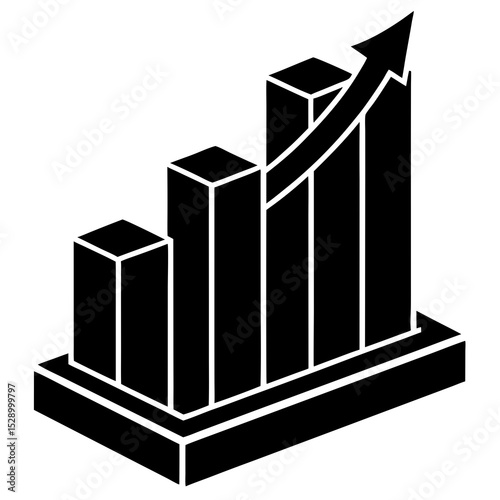 Isometric black and white bar graph showing growth and success
