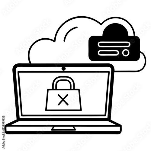 Laptop screen showing a broken lock icon with cloud computing server