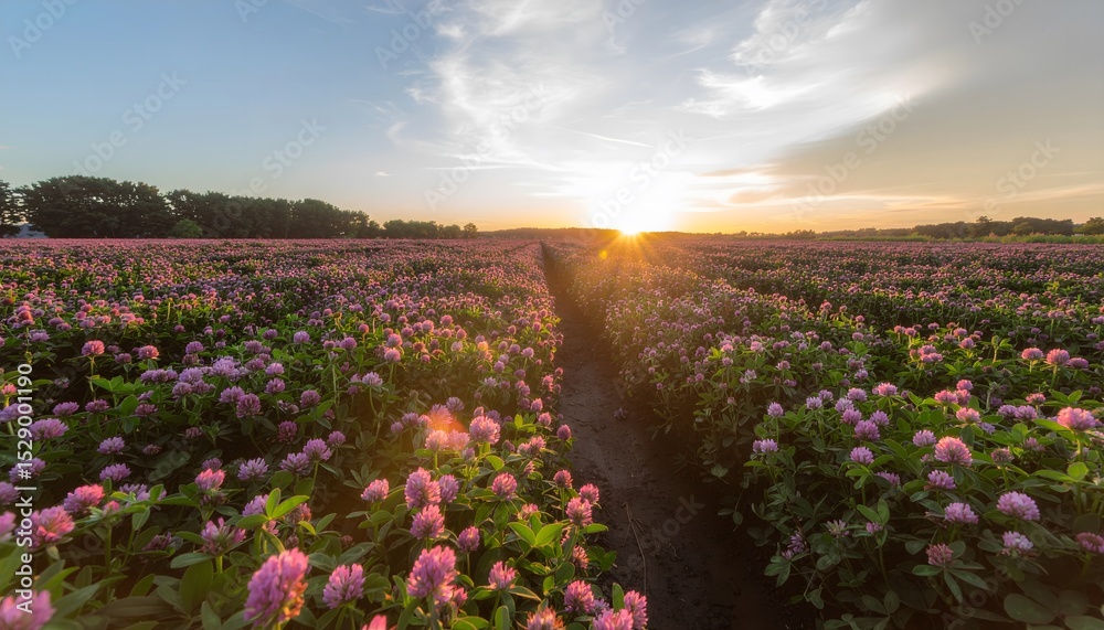 Obraz premium Clover Field at Sunset Beautiful Landscape with Pink Flowers