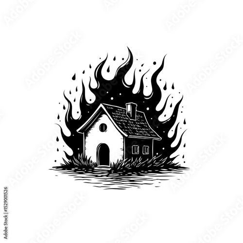 Black and white illustration of a house engulfed in flames conveys drama