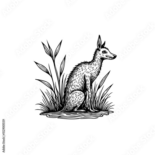Elegant ink drawing of a jackal amidst grass, showcasing nature's simplicity and beauty