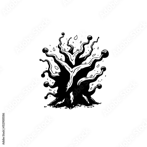 Creepy stylized tree illustration in black and white for spooky designs