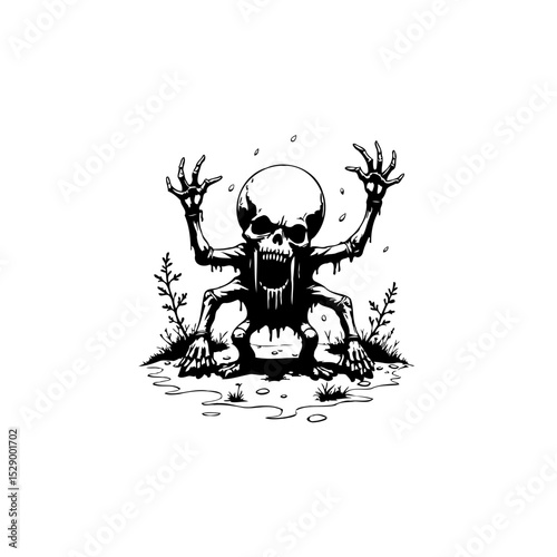Creepy skeleton monster with four legs and arms in a terrifying pose