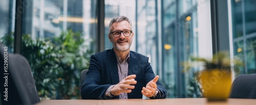 The businessman engaging in a professional conversation in a modern office setting.