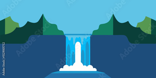 Secluded Hidden Waterfall Landscape Background with Lush Greenery Vector Illustration