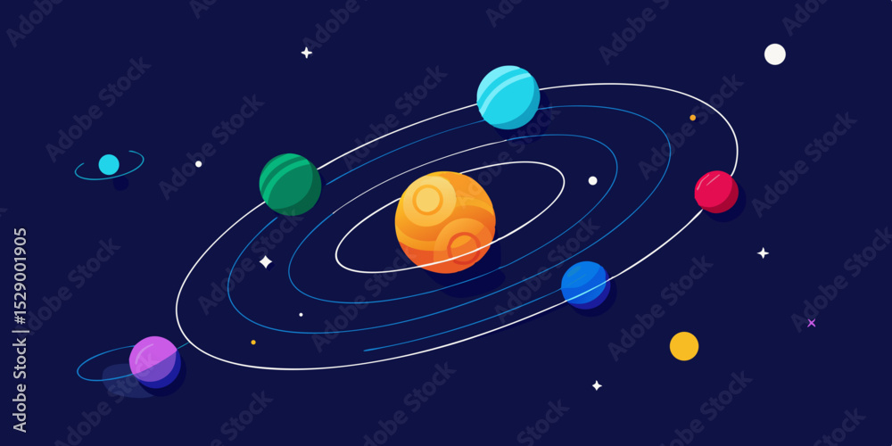 Fototapeta premium Informative Isometric Solar System Diagram with Clear Orbit Trails Vector Illustration