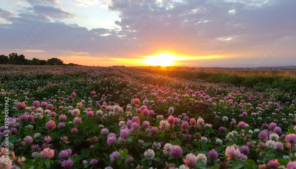 Fototapeta premium Clover field at sunset blooms in vibrant colors of summer